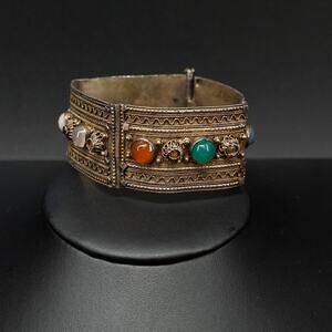 Vintage Boho Wide Cuff‎ Bracelet Filigree Multicolor Cabochons 6.5 European
